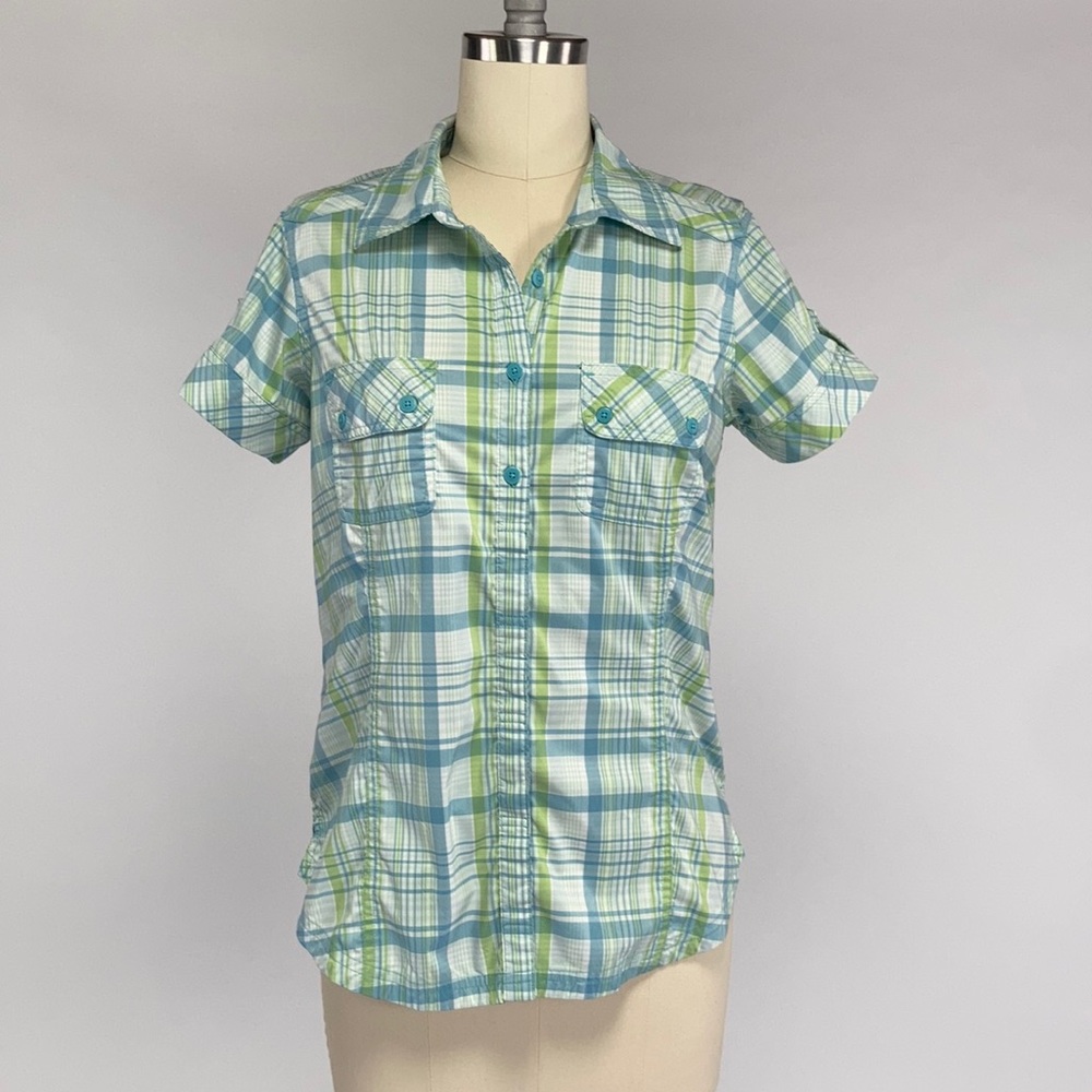 Eddie Bauer Blue Green Plaid Button Down Top